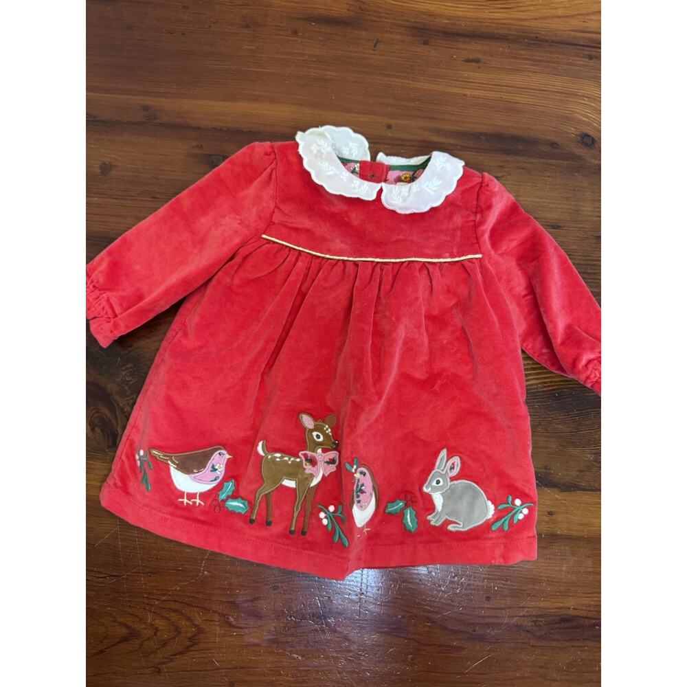Mini Boden Appliqué Velvet Dress Poppy Red Size 0-3 Months Lined Lace Collar - Picture 3 of 11